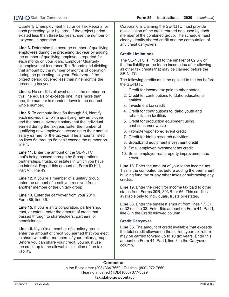 Form 85 (EFO00017) Small Employer New Jobs Tax Credit - Idaho, Page 4