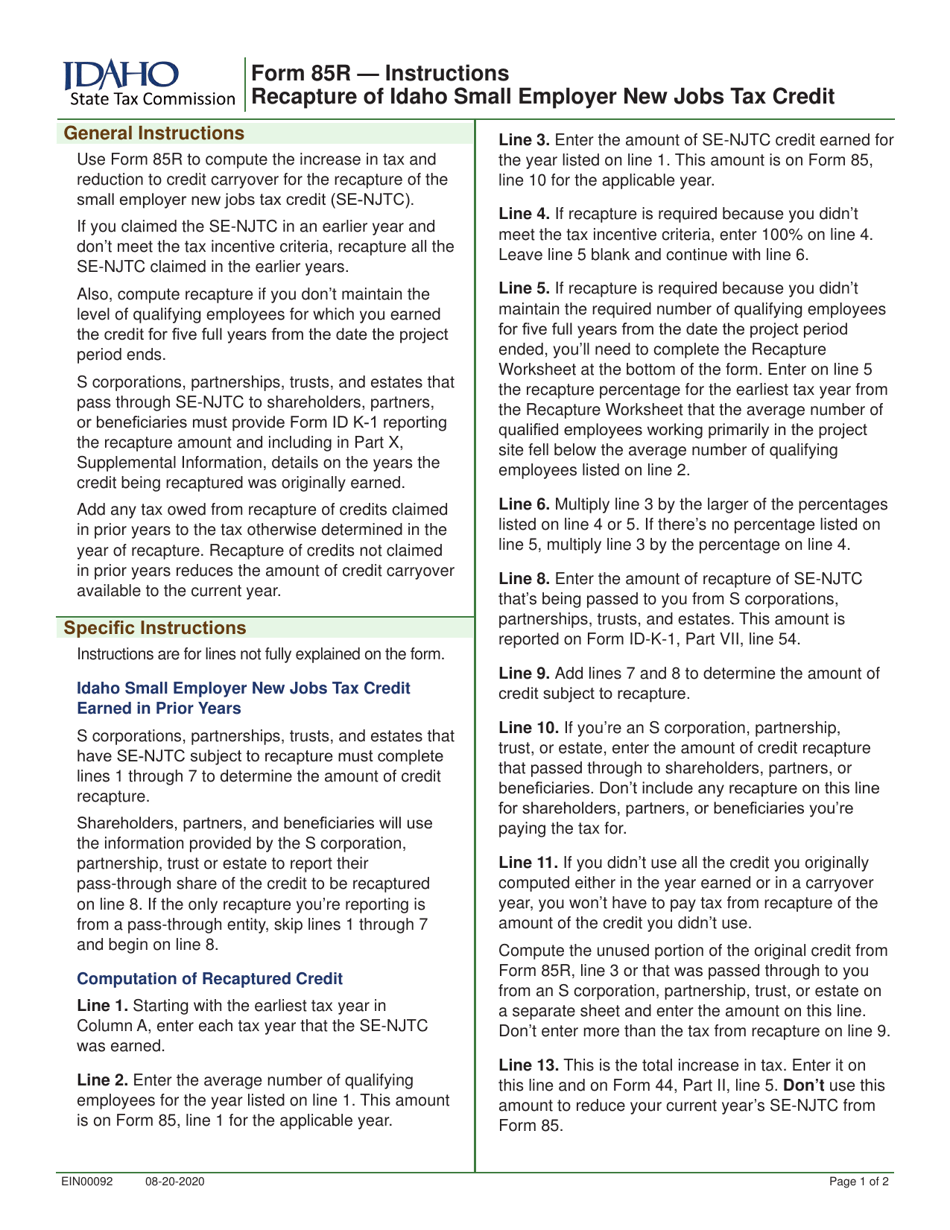 Form 85R (EFO00019) Recapture of Idaho Small Employer New Jobs Tax Credit - Idaho, Page 2