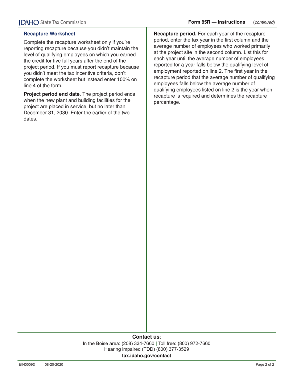 Form 85R (EFO00019) Recapture of Idaho Small Employer New Jobs Tax Credit - Idaho, Page 3