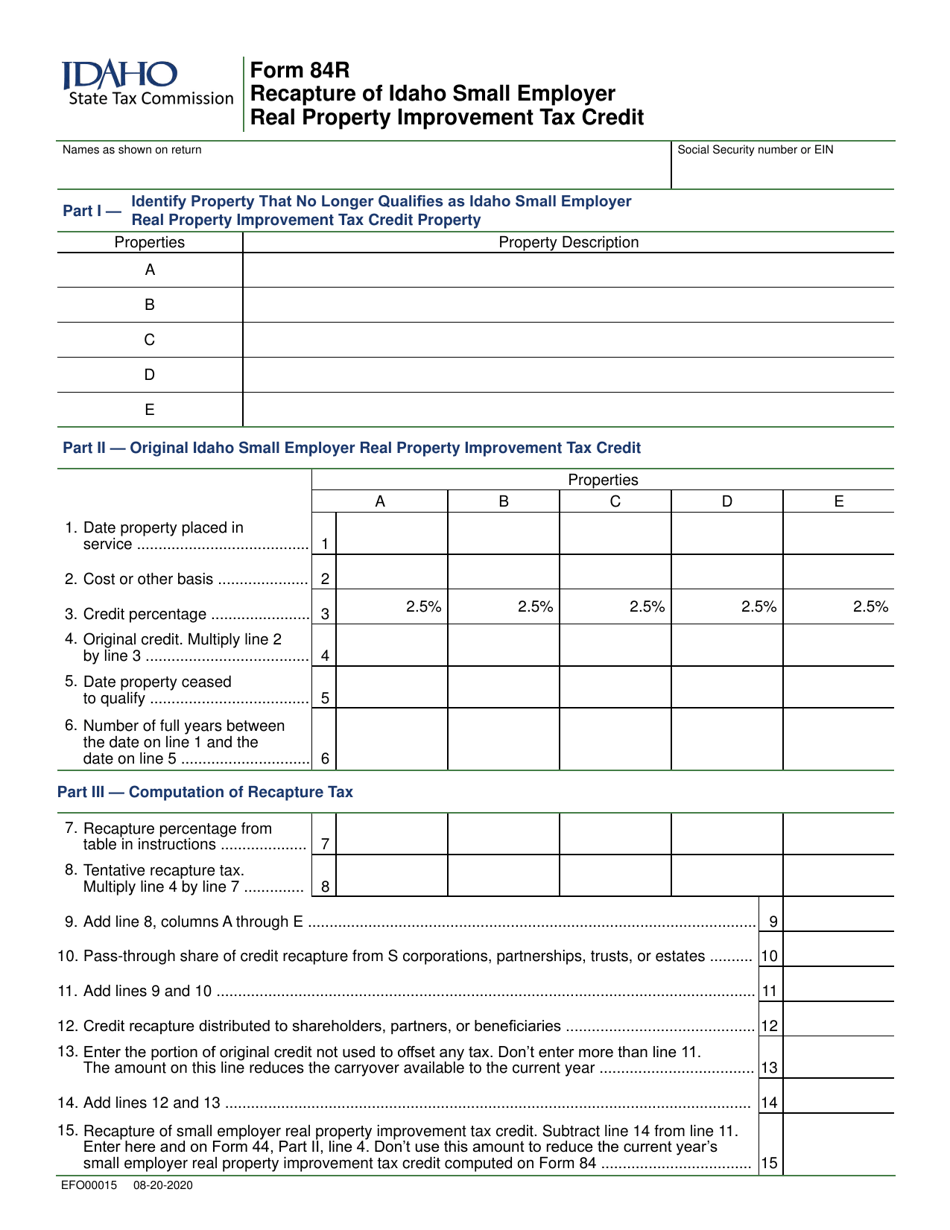 Form 84R (EFO00015) Recapture of Idaho Small Employer Real Property Improvement Tax Credit - Idaho, Page 1
