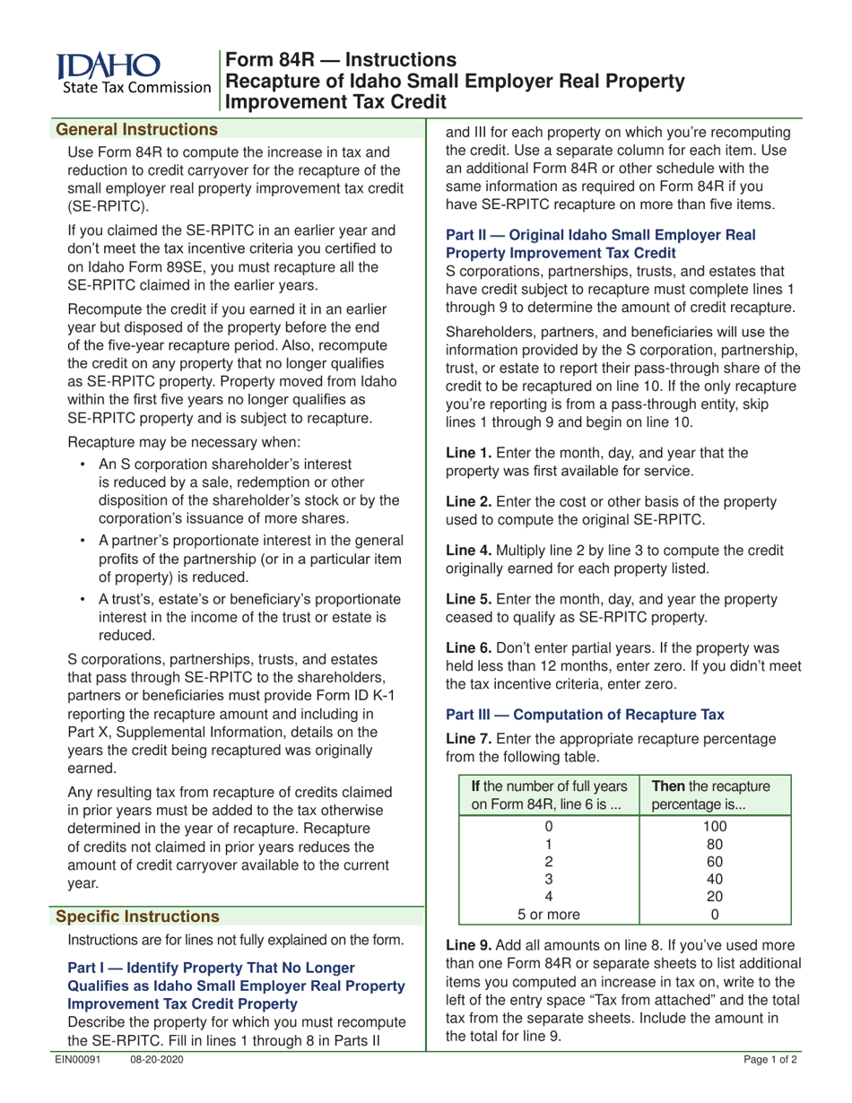 Form 84R (EFO00015) Recapture of Idaho Small Employer Real Property Improvement Tax Credit - Idaho, Page 2