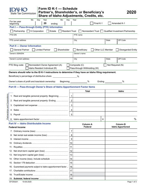 Form ID K-1 Partner's, Shareholder's or Beneficiary's Share of Idaho Adjustments, Credits, Etc. - Idaho, 2020