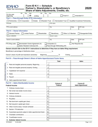 Form ID K-1 Partner&#039;s, Shareholder&#039;s or Beneficiary&#039;s Share of Idaho Adjustments, Credits, Etc. - Idaho
