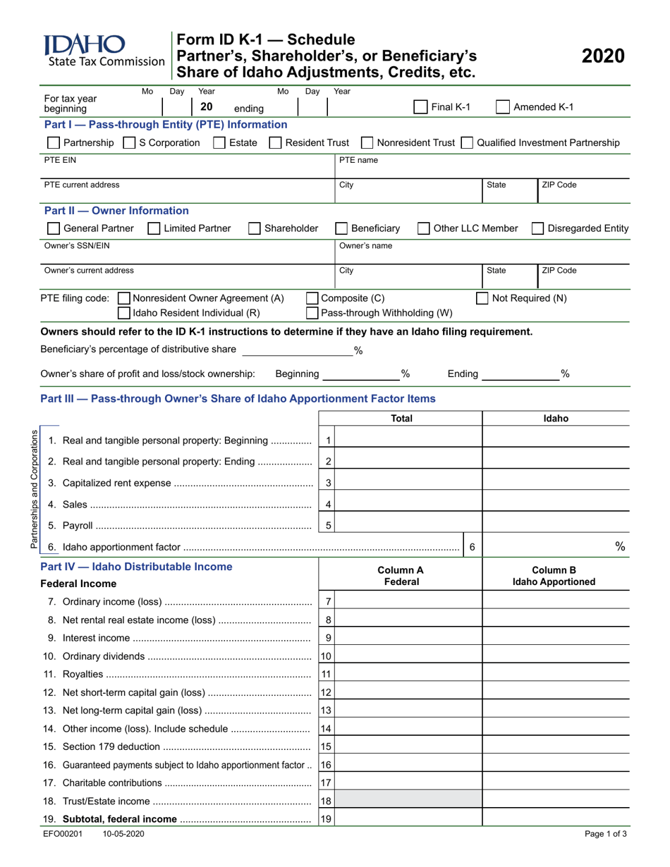 Form ID K-1 Partners, Shareholders or Beneficiarys Share of Idaho Adjustments, Credits, Etc. - Idaho, Page 1