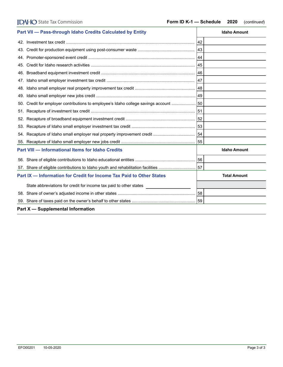 Form ID K-1 Partners, Shareholders or Beneficiarys Share of Idaho Adjustments, Credits, Etc. - Idaho, Page 3