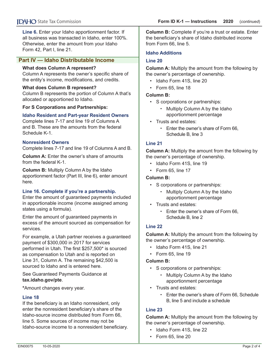 Form ID K-1 Partners, Shareholders or Beneficiarys Share of Idaho Adjustments, Credits, Etc. - Idaho, Page 5