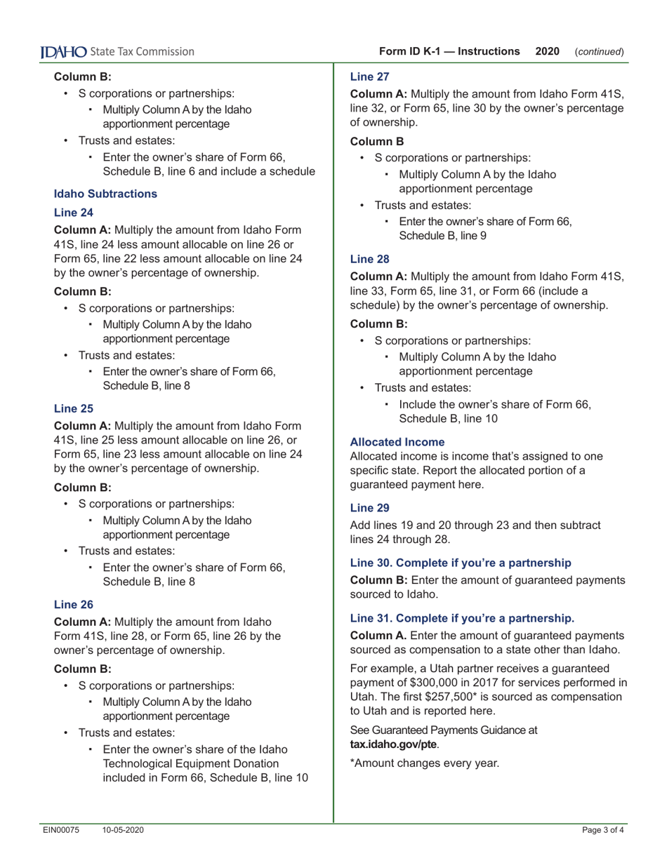 Form ID K-1 Partners, Shareholders or Beneficiarys Share of Idaho Adjustments, Credits, Etc. - Idaho, Page 6