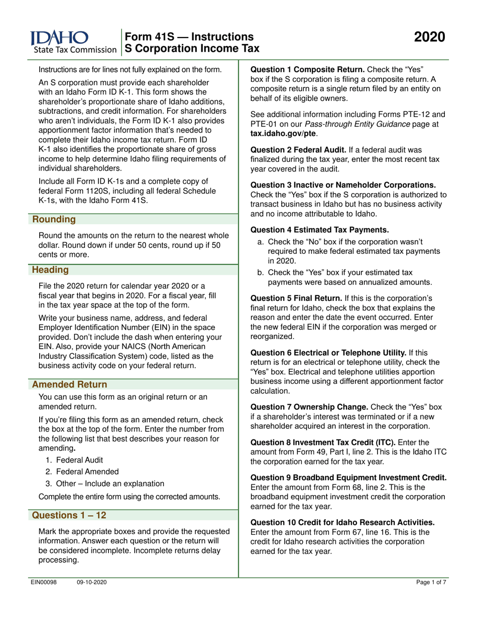 Form 41S (EFO00028) S Corporation Income Tax Return - Idaho, Page 3
