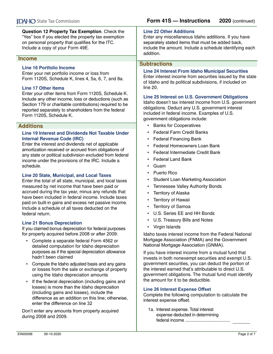 Form 41S (EFO00028) S Corporation Income Tax Return - Idaho, Page 4