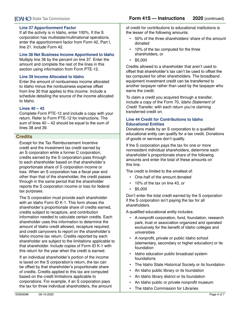 Form 41S (EFO00028) S Corporation Income Tax Return - Idaho, Page 6