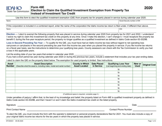 Form 49E (EFO00031) &quot;Election to Claim the Qualified Investment Exemption From Property Tax Instead of Investment Tax Credit&quot; - Idaho, 2020