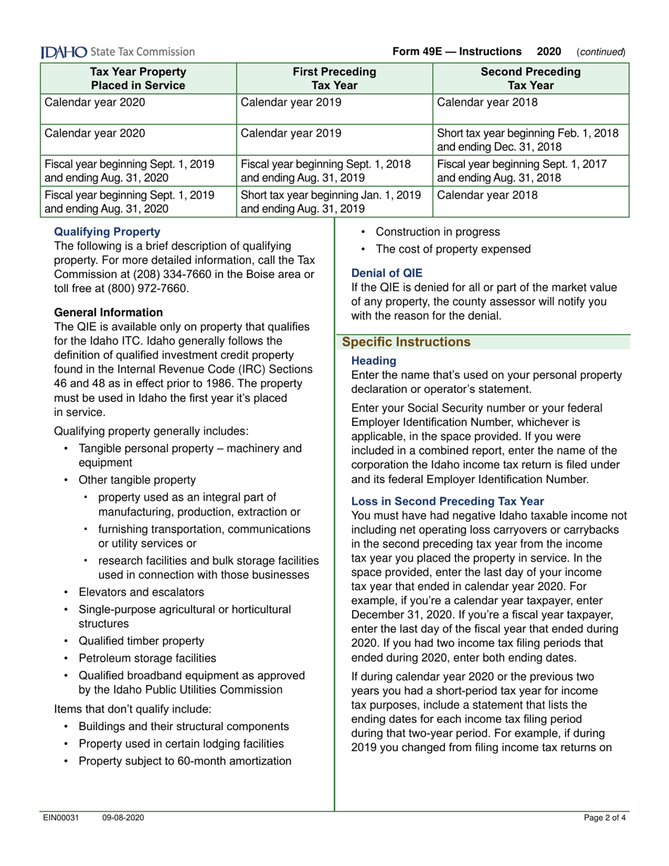 Form 49E (EFO00031) Election to Claim the Qualified Investment Exemption From Property Tax Instead of Investment Tax Credit - Idaho, Page 4