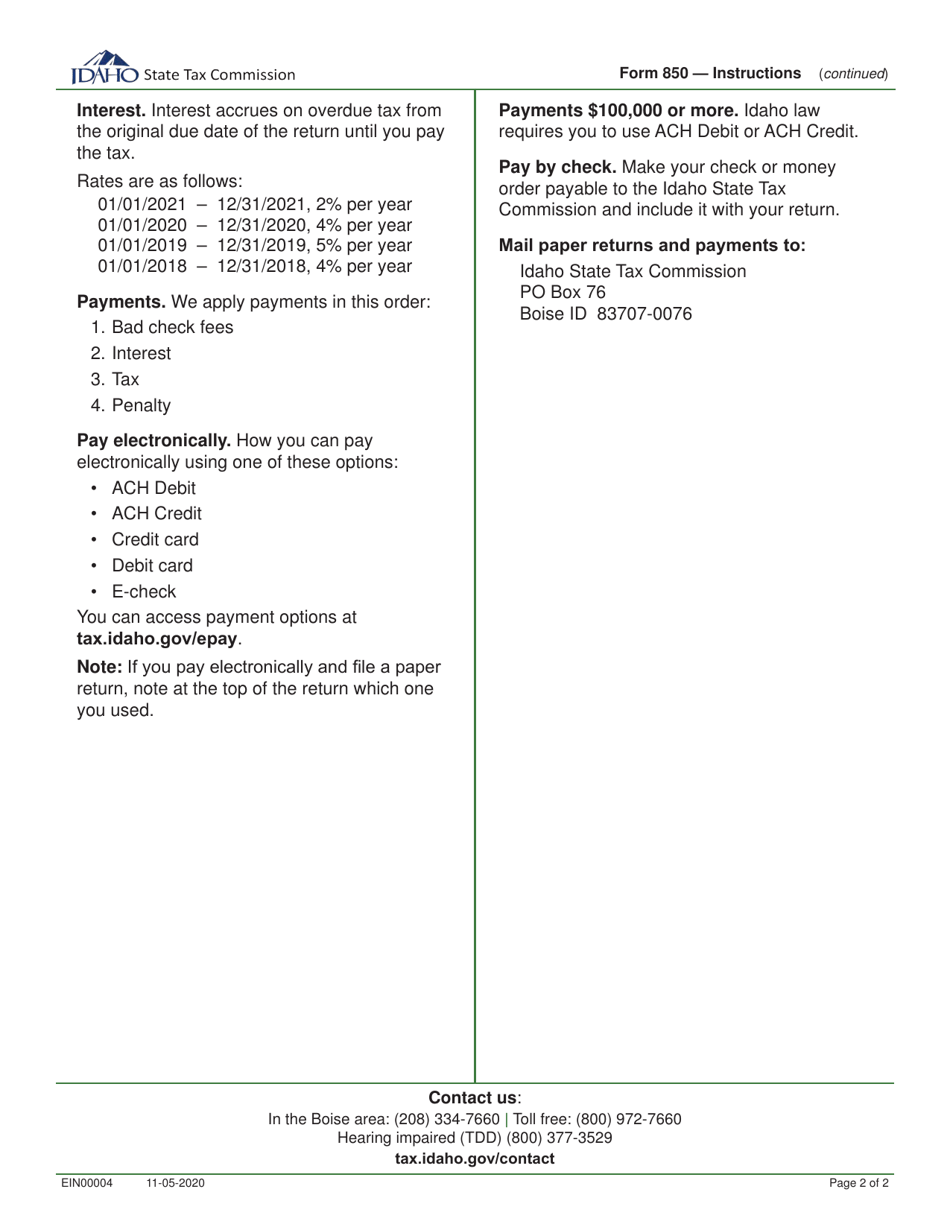 Instructions for Form 850 Sales and Use Tax Return - Idaho, Page 2
