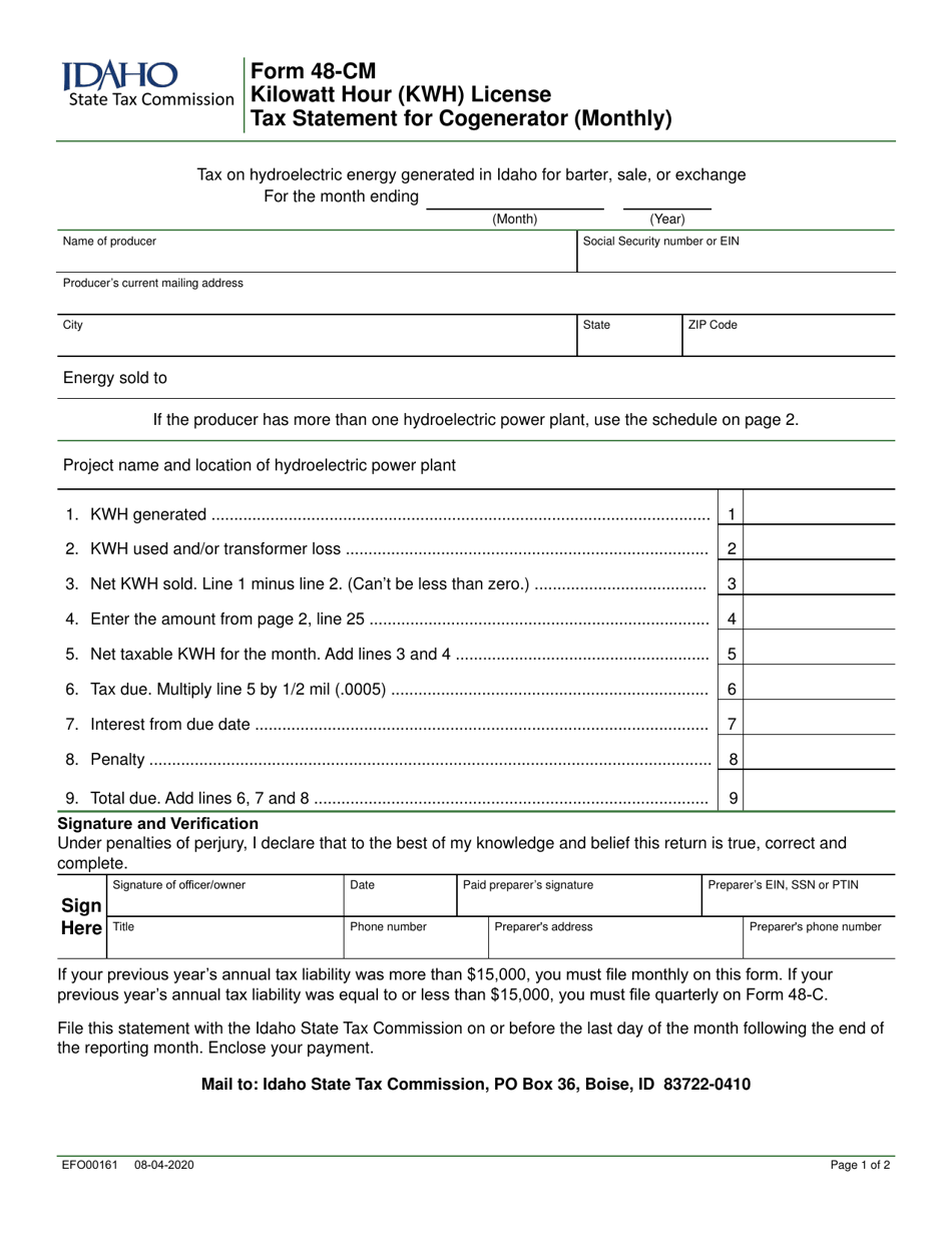 Form 48-CM (EFO00161) Kilowatt Hour (Kwh) License Tax Statement for Cogenerator (Monthly) - Idaho, Page 1