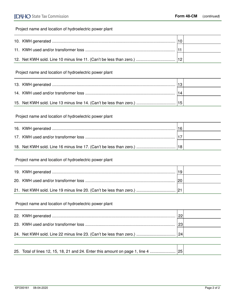 Form 48-CM (EFO00161) Kilowatt Hour (Kwh) License Tax Statement for Cogenerator (Monthly) - Idaho, Page 2