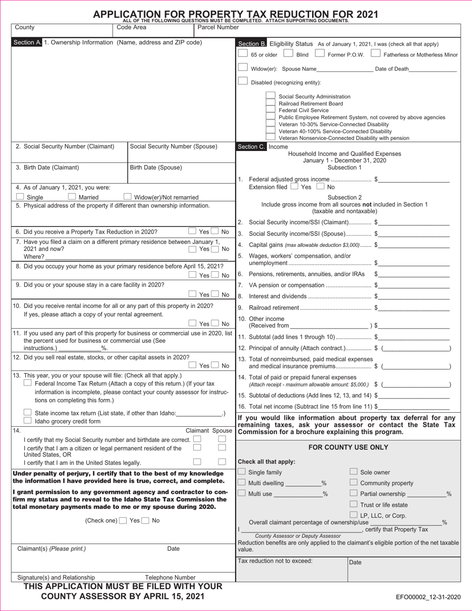 Form EFO00002 Application for Property Tax Reduction - Idaho, Page 1
