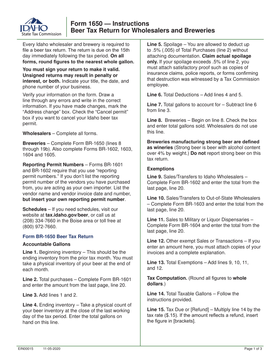 Instructions for Form 1650 Beer Tax Return for Wholesalers and Breweries - Idaho, Page 1