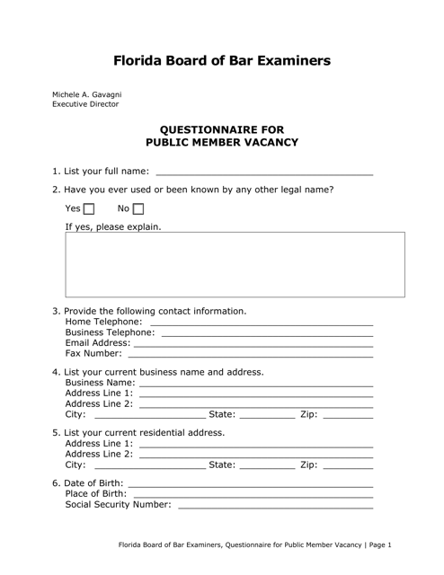 Questionnaire for Public Member Vacancy - Florida Download Pdf