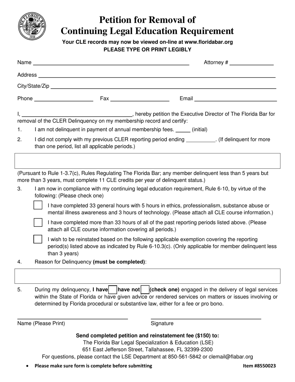 Florida Petition for Removal of Continuing Legal Education Requirement