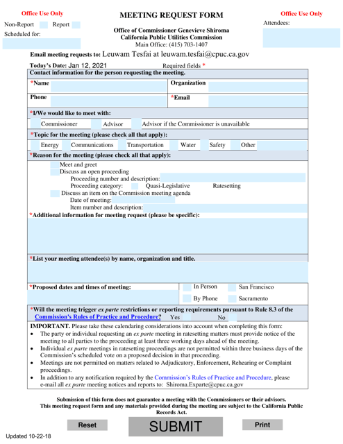 Meeting Request Form - California Download Pdf