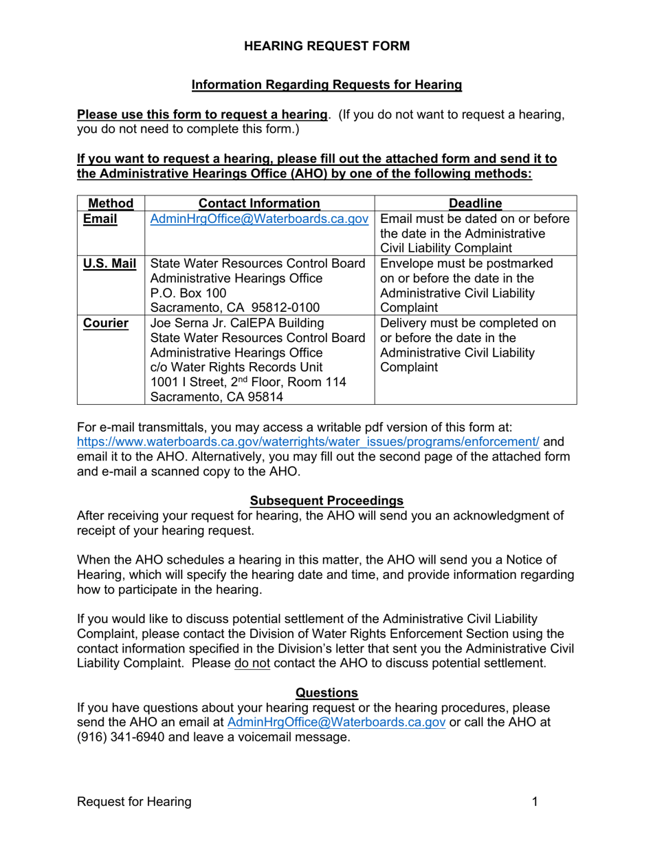 California Request for Hearing Fill Out, Sign Online and Download PDF