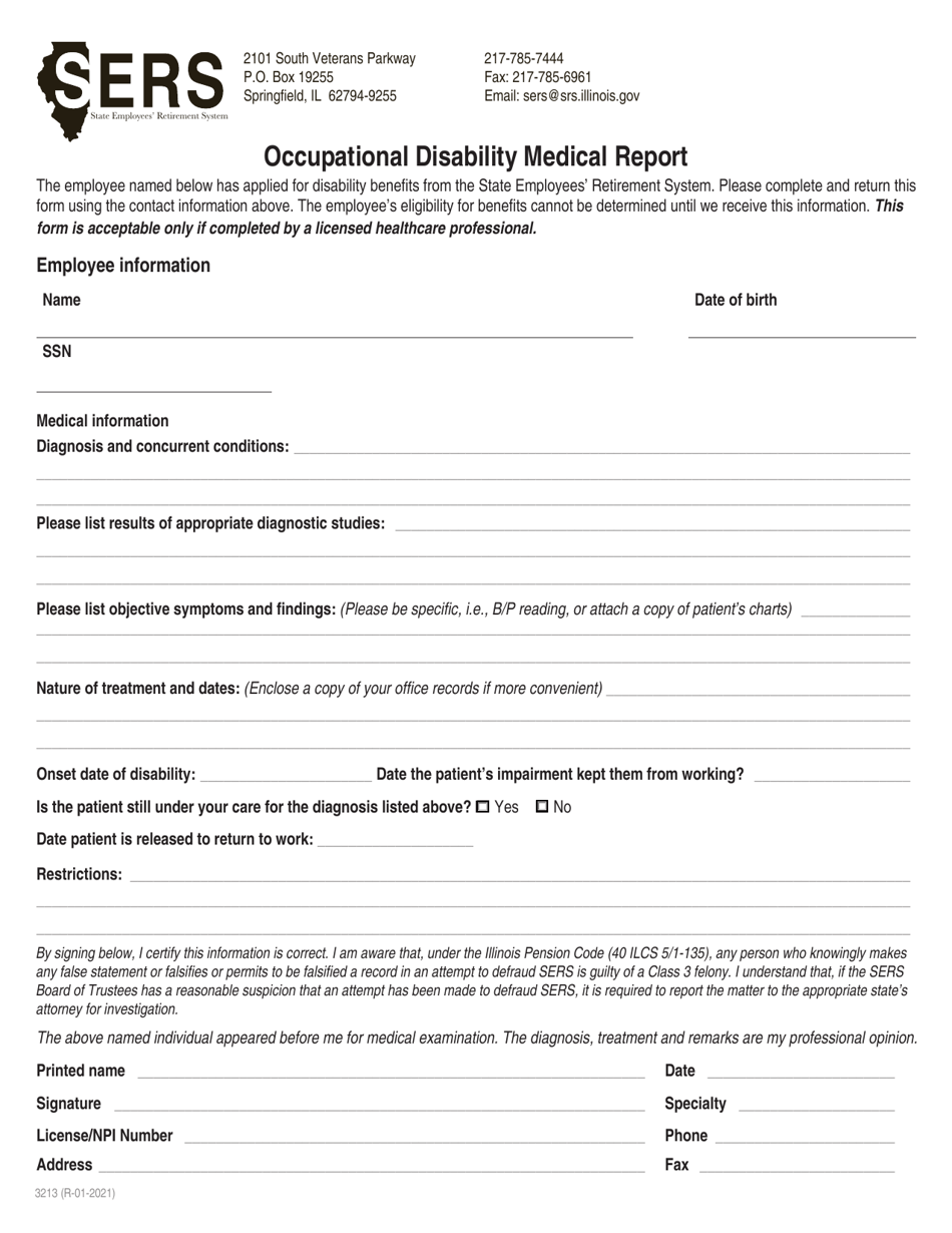 Form 3213 Occupational Disability Medical Report - Illinois, Page 1