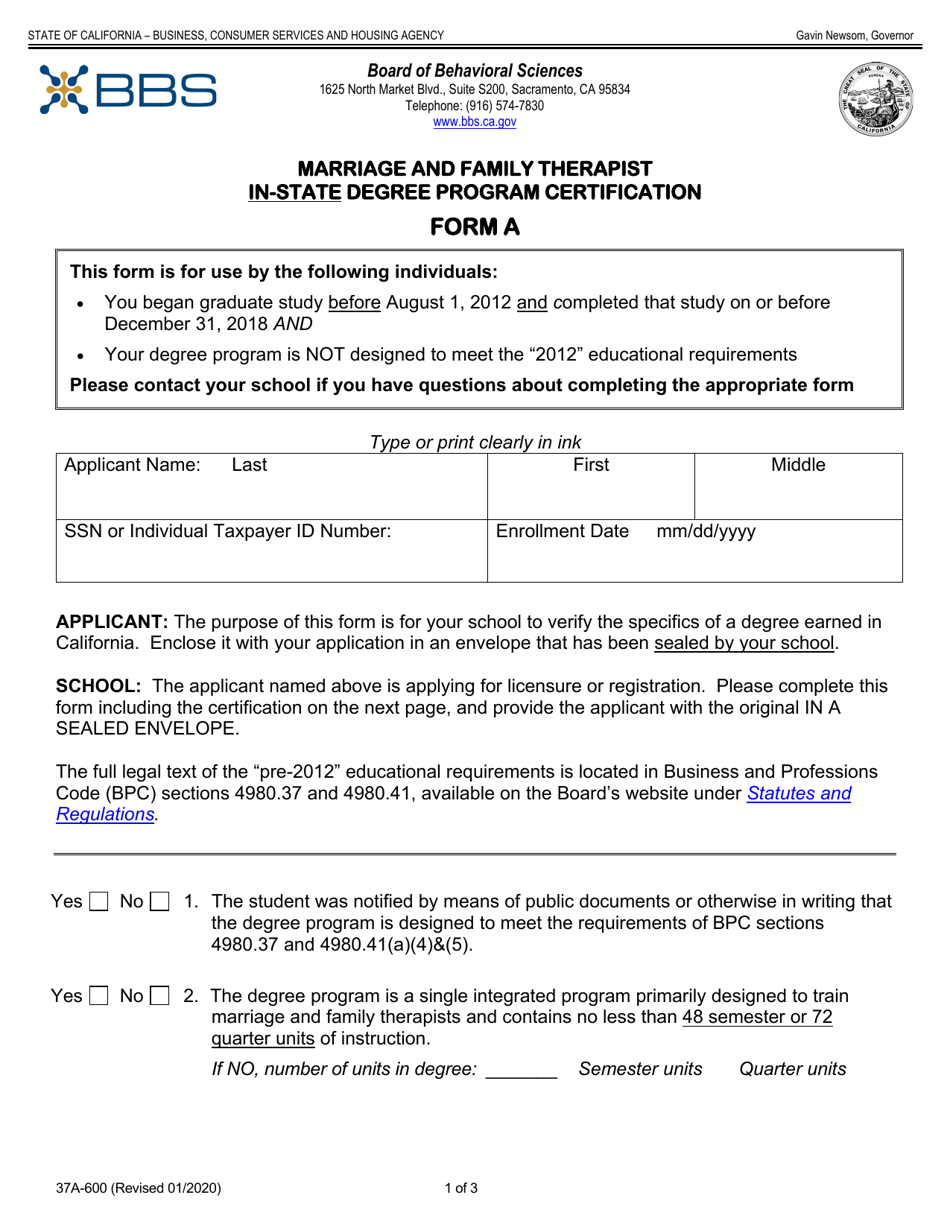 Form 37A-600 (A) Marriage and Family Therapist in-State Degree Program Certification - California, Page 1