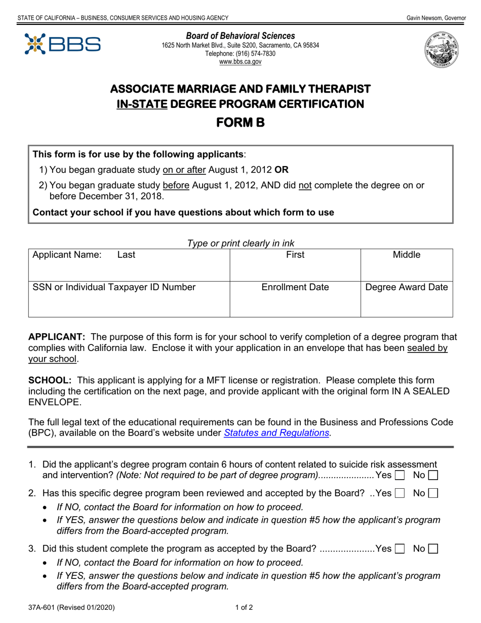 Form 37A-601 (B) Associate Marriage and Family Therapist in-State Degree Program Certification - California, Page 1