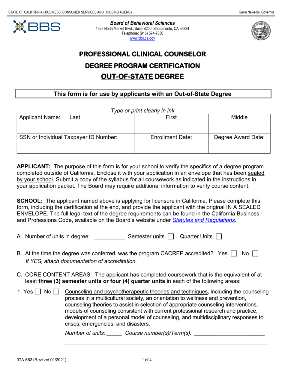 Form 37A-662 Professional Clinical Counselor Degree Program Certification - Out-of-State Degree - California, Page 1