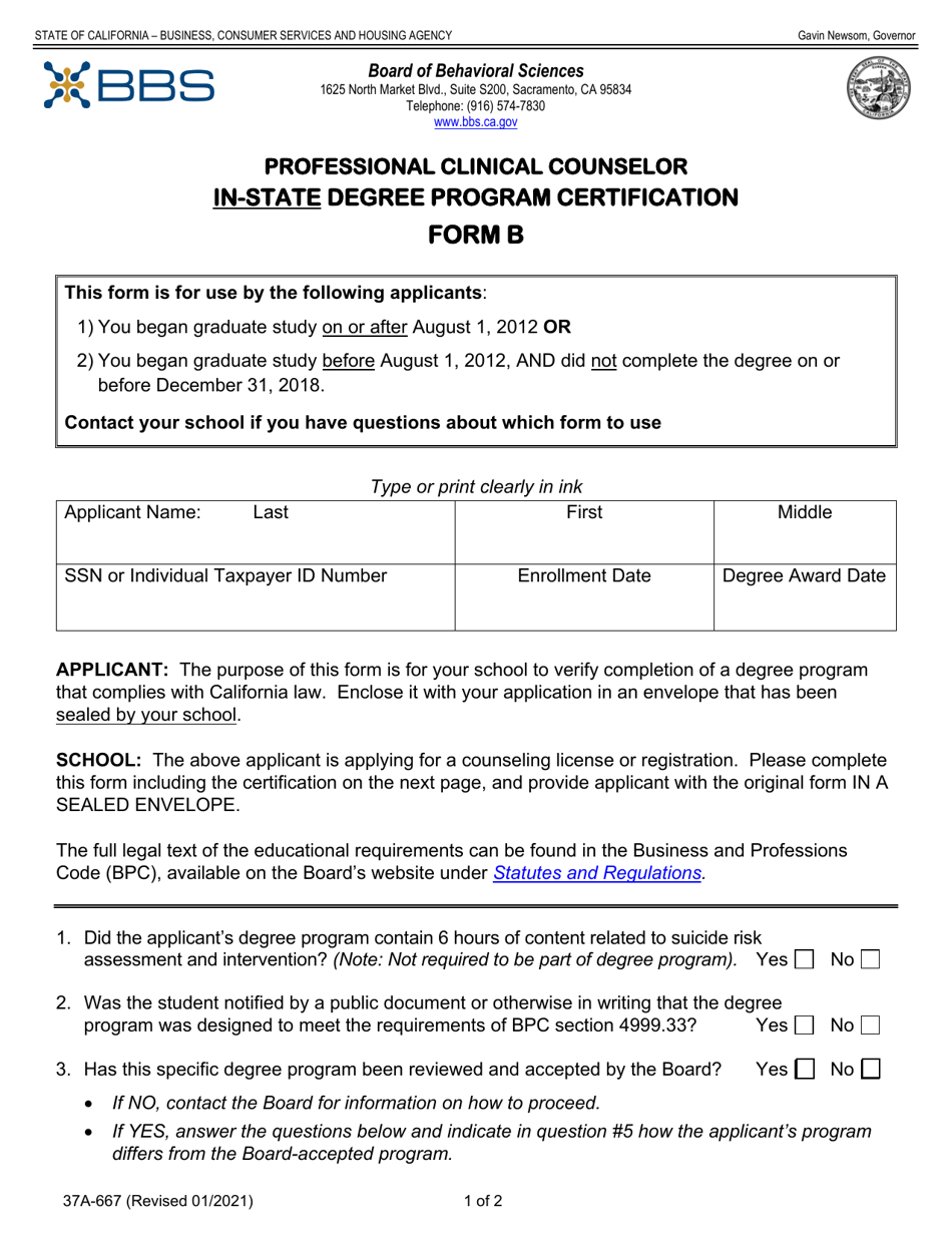 Form 37A-667 (B) Professional Clinical Counselor in-State Degree Program Certification - California, Page 1