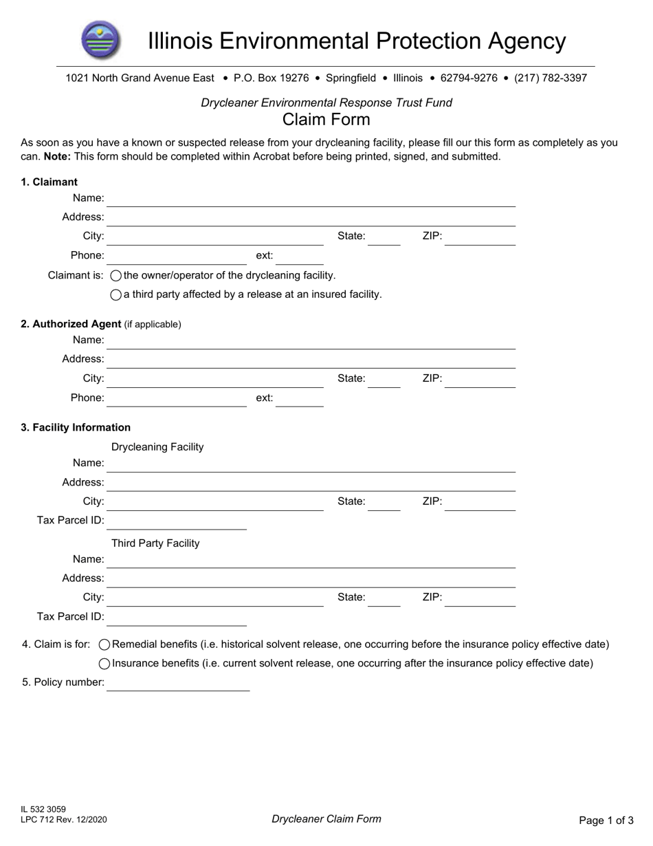 Form IL532 3059 (LPC712) Drycleaner Environmental Response Trust Fund Claim Form - Illinois, Page 1