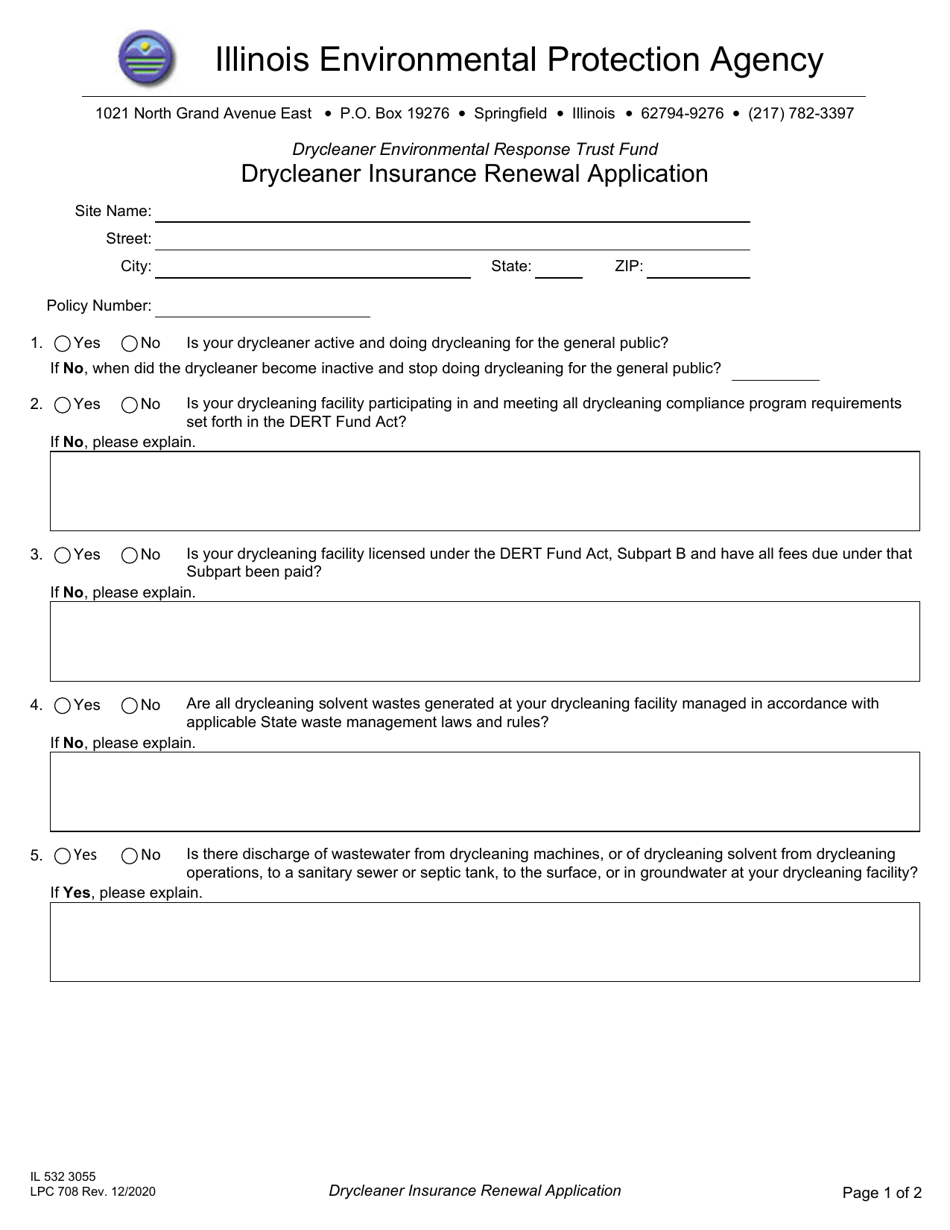 Form IL532 3055 (LPC708) Drycleaner Environmental Response Trust Fund Drycleaner Insurance Renewal Application - Illinois, Page 1