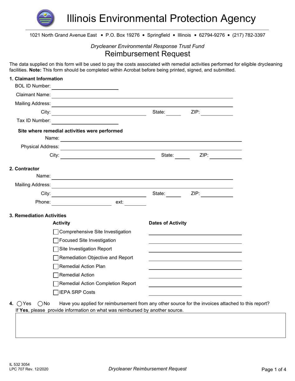 Form IL532 3054 (LPC707) Drycleaner Environmental Response Trust Fund Reimbursement Request - Illinois, Page 1