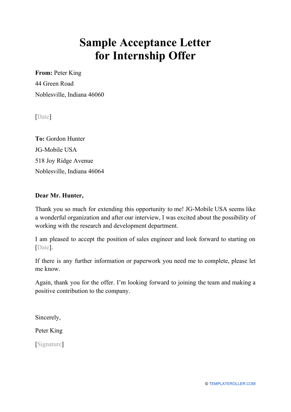 Unpaid Internship Offer Letter Format   Sample Acceptance Letter For Internship Offer Print Big 