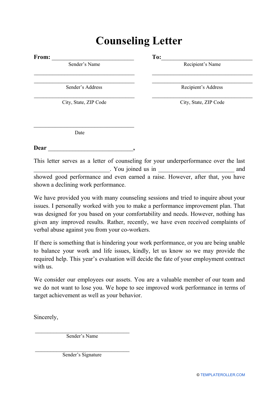 Counseling Letter Template Download Printable PDF  Templateroller For Premarital Counseling Certificate Of Completion Template