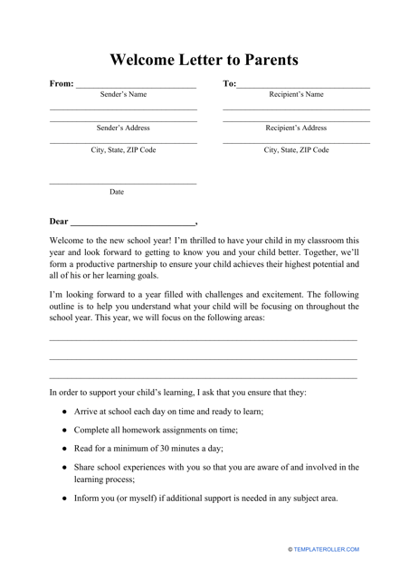 &quot;Welcome Letter to Parents Template&quot; Download Pdf