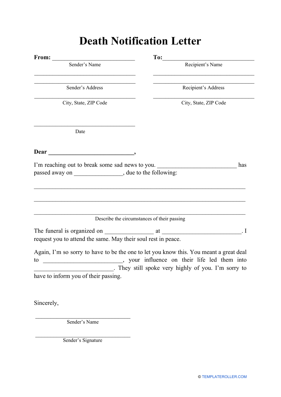 Notification Of Death Letter Template