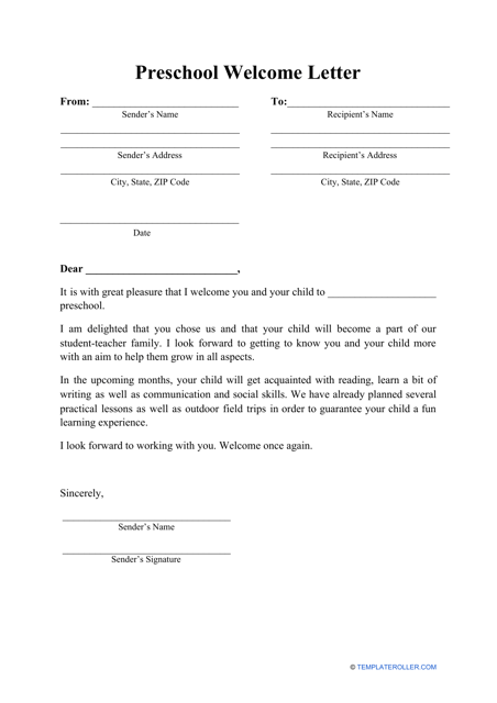 Preschool Welcome Letter Template Download Printable PDF Templateroller