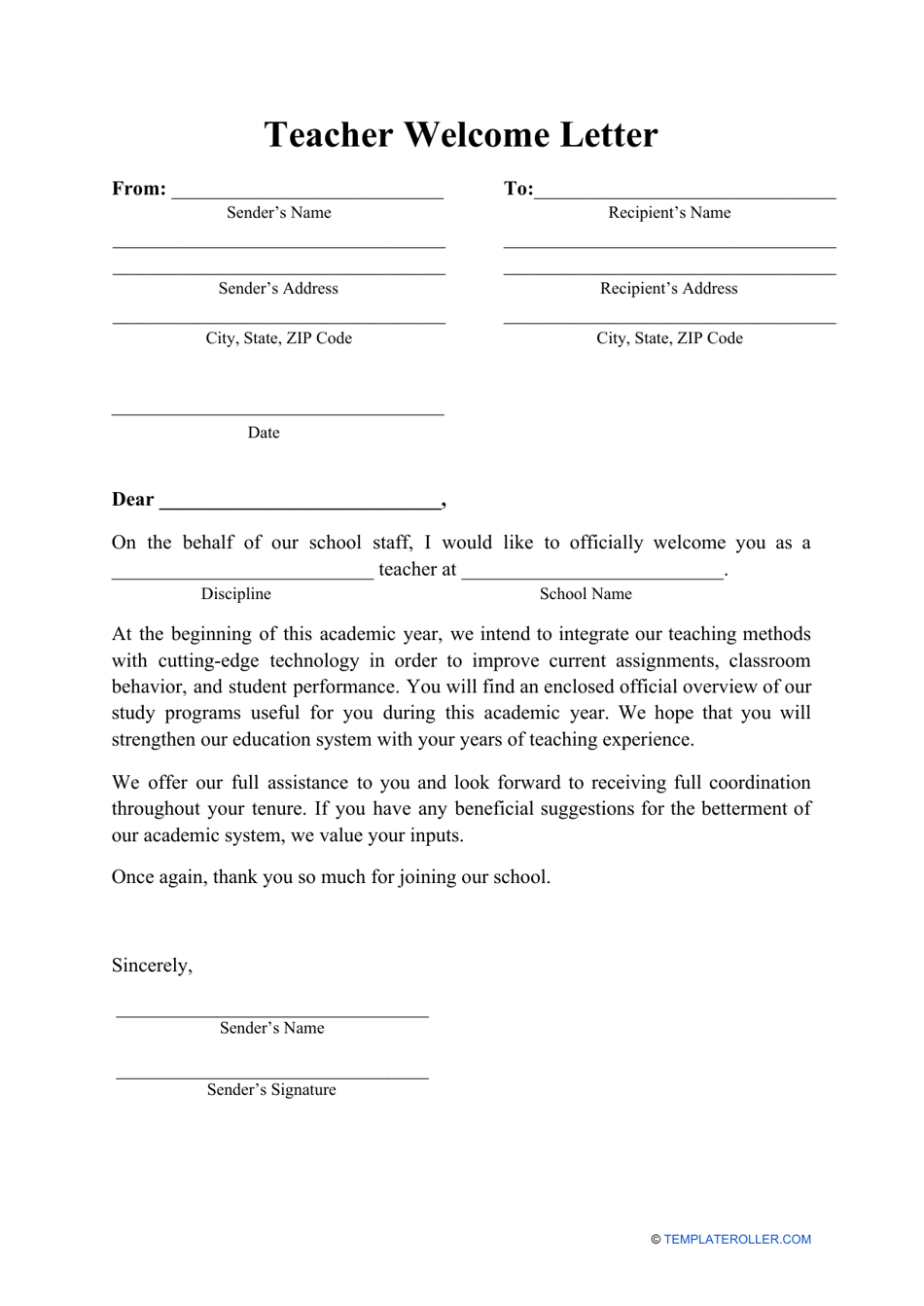 Teacher Welcome Letter Template - Professional customizable letter template for teachers