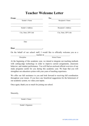 Document preview: Teacher Welcome Letter Template