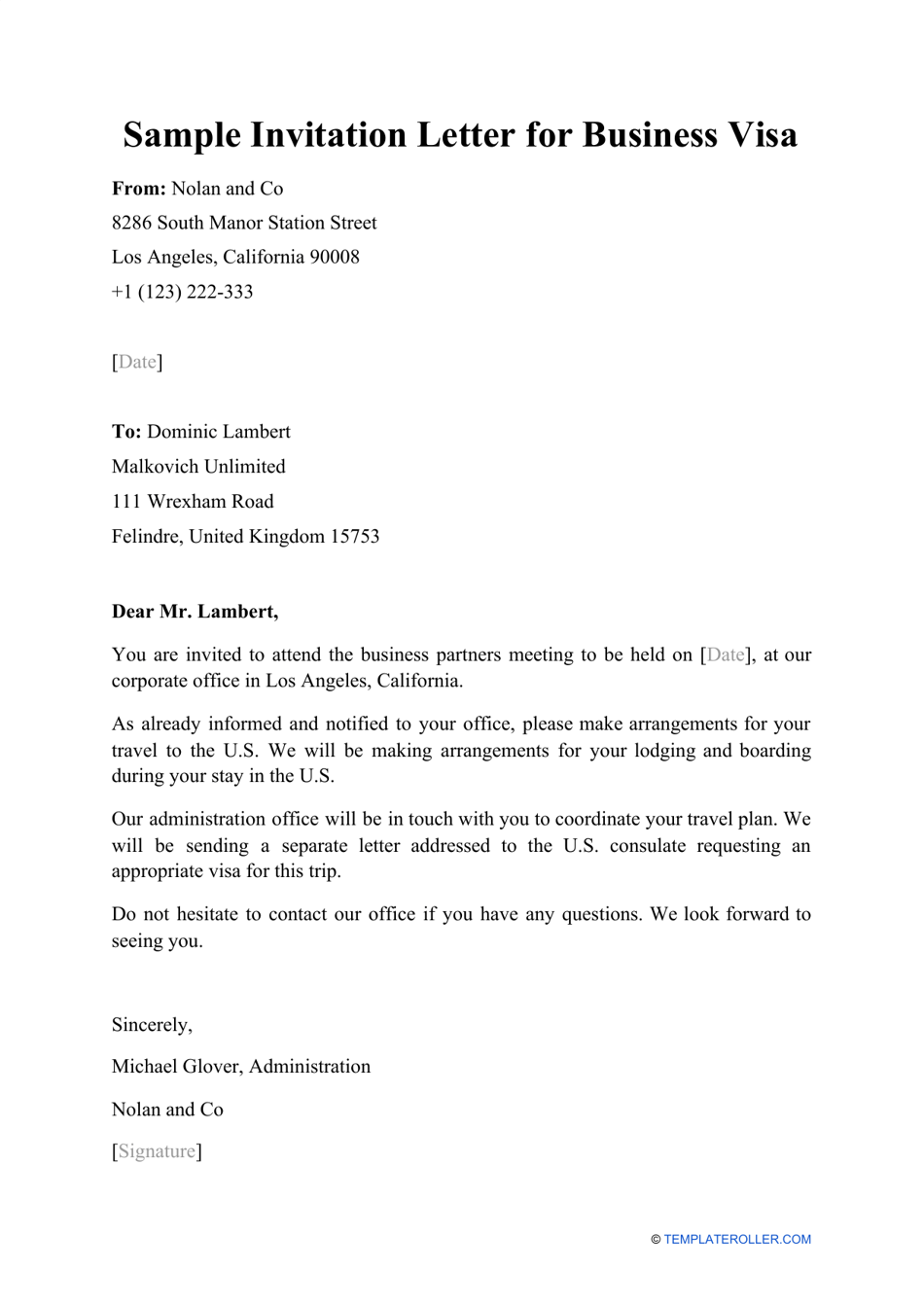 Sample Invitation Letter for Business Visa, Page 1