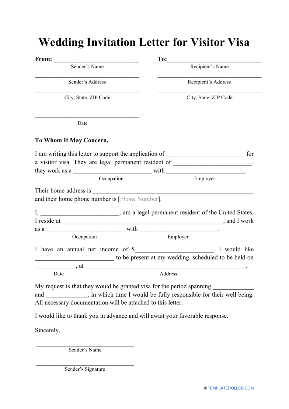 Wedding Invitation Letter for Visitor Visa Template, Page 1