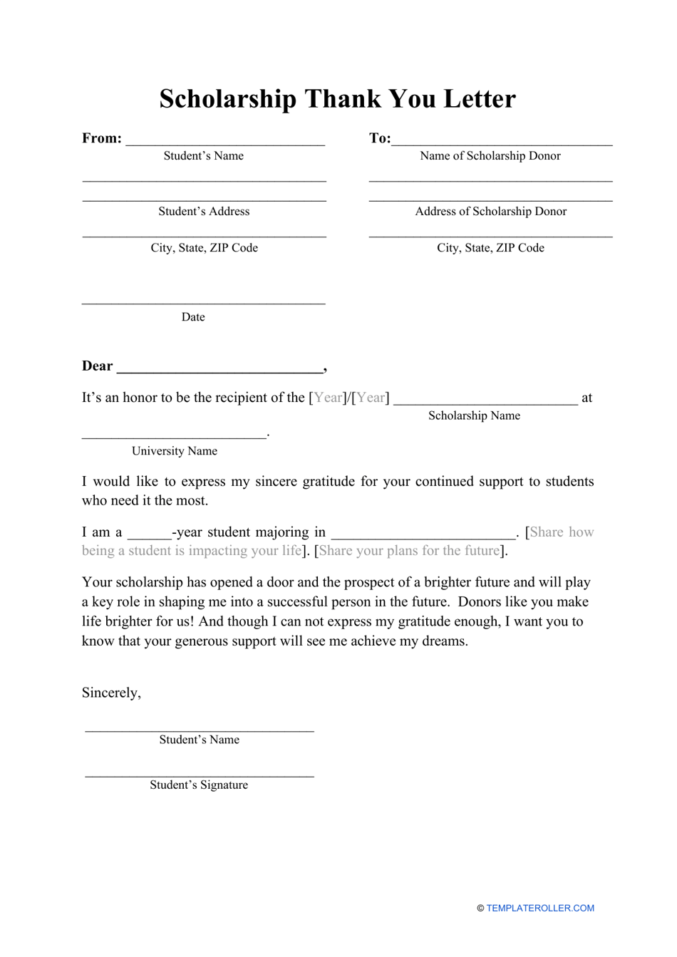 Sample Scholarship Thank You Letter Template