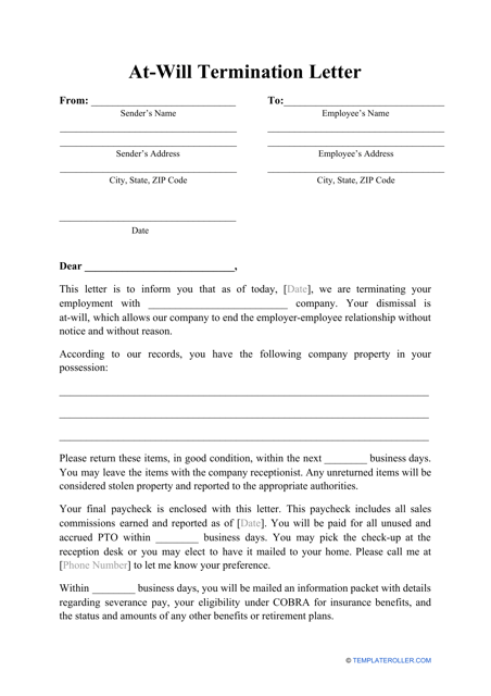 &quot;At-Will Termination Letter Template&quot; Download Pdf