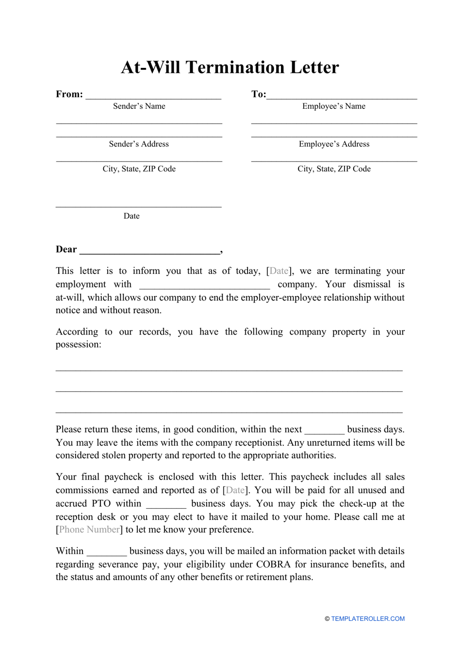 At-Will Termination Letter Template Image Preview