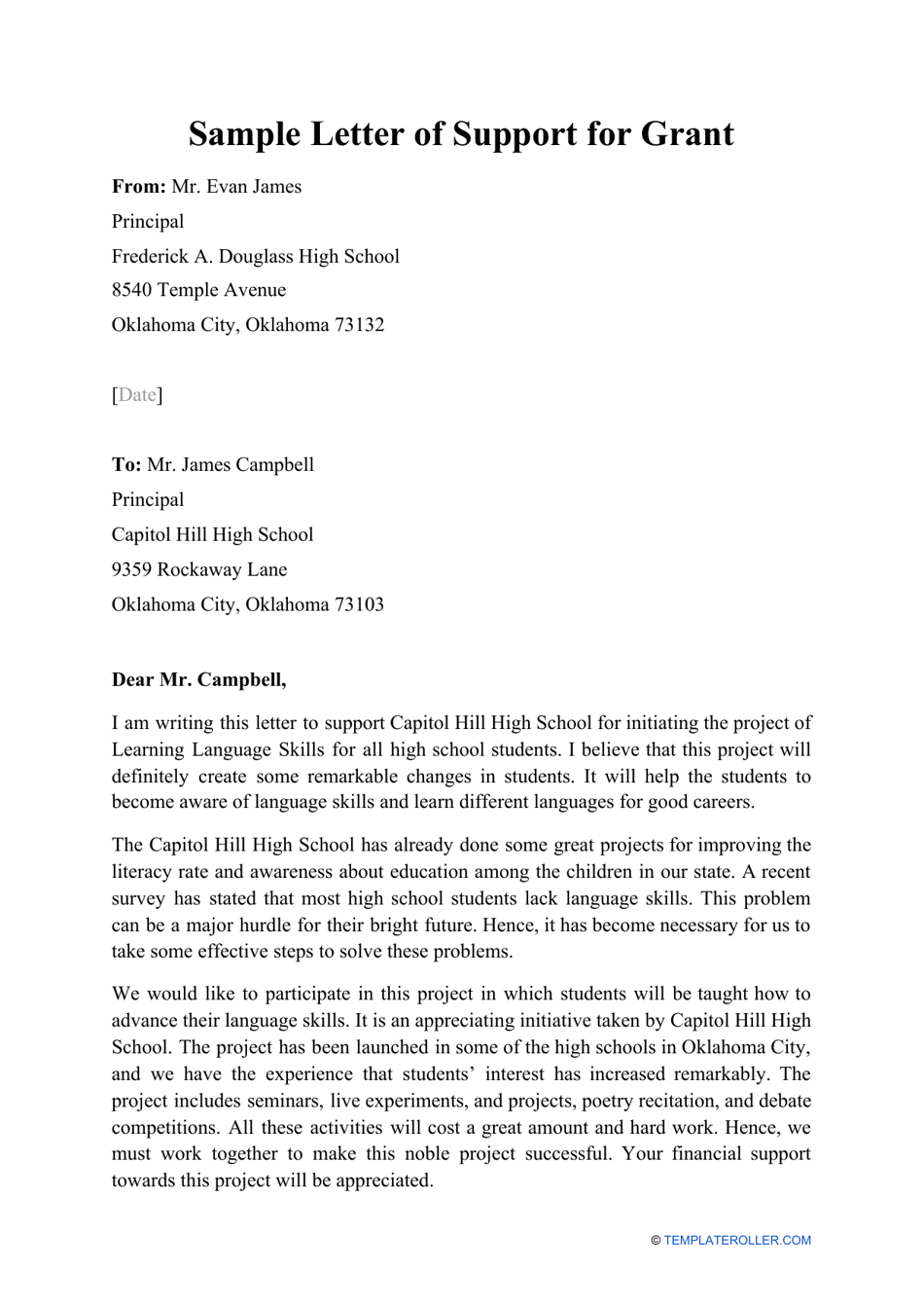 Sample Letter of Support for Grant Download Printable PDF