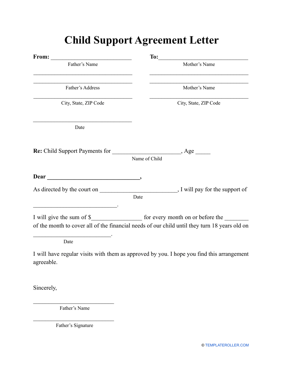 Child Support Agreement Letter Template, Page 1