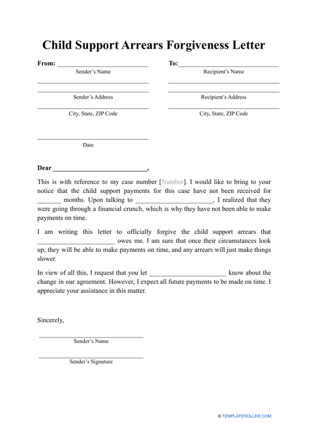 Child Support Arrears Forgiveness Letter Template