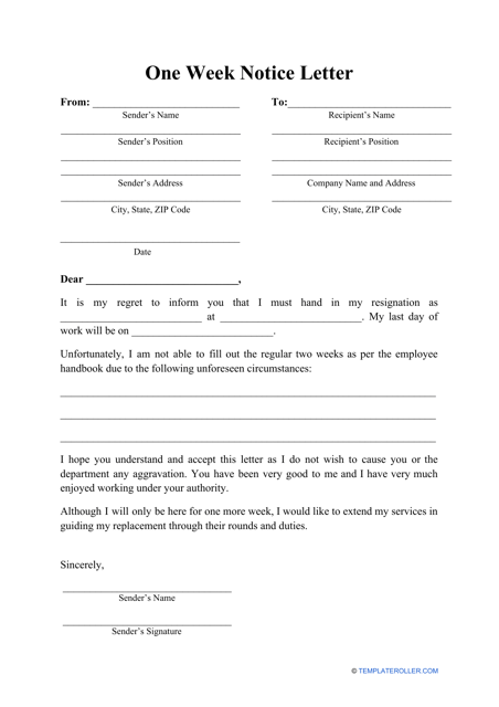 &quot;One Week Notice Letter Template&quot; Download Pdf