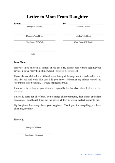 &quot;Letter to Mom From Daughter Template&quot; Download Pdf